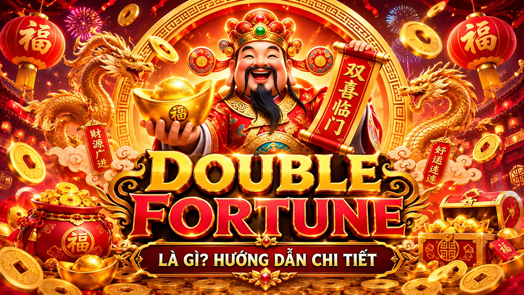 Giao diện sắc đỏ may mắn và biểu tượng Song Hỷ trong game OKFUN Double Fortune